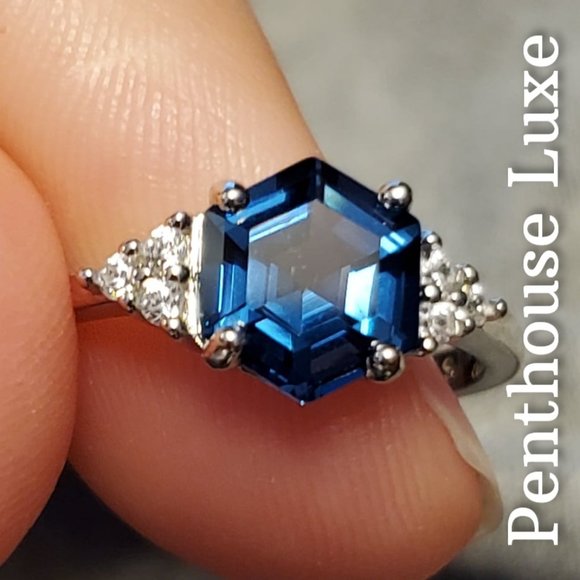 SOLID 925 Sterling Silver London Blue Topaz Hexagon White Topaz Ring - Picture 4 of 8